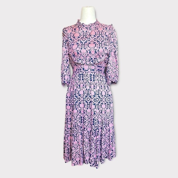 NEW Banjanan Sara Infanta Floral Midi Dress 100% Rayon in Pink & Navy Size Small